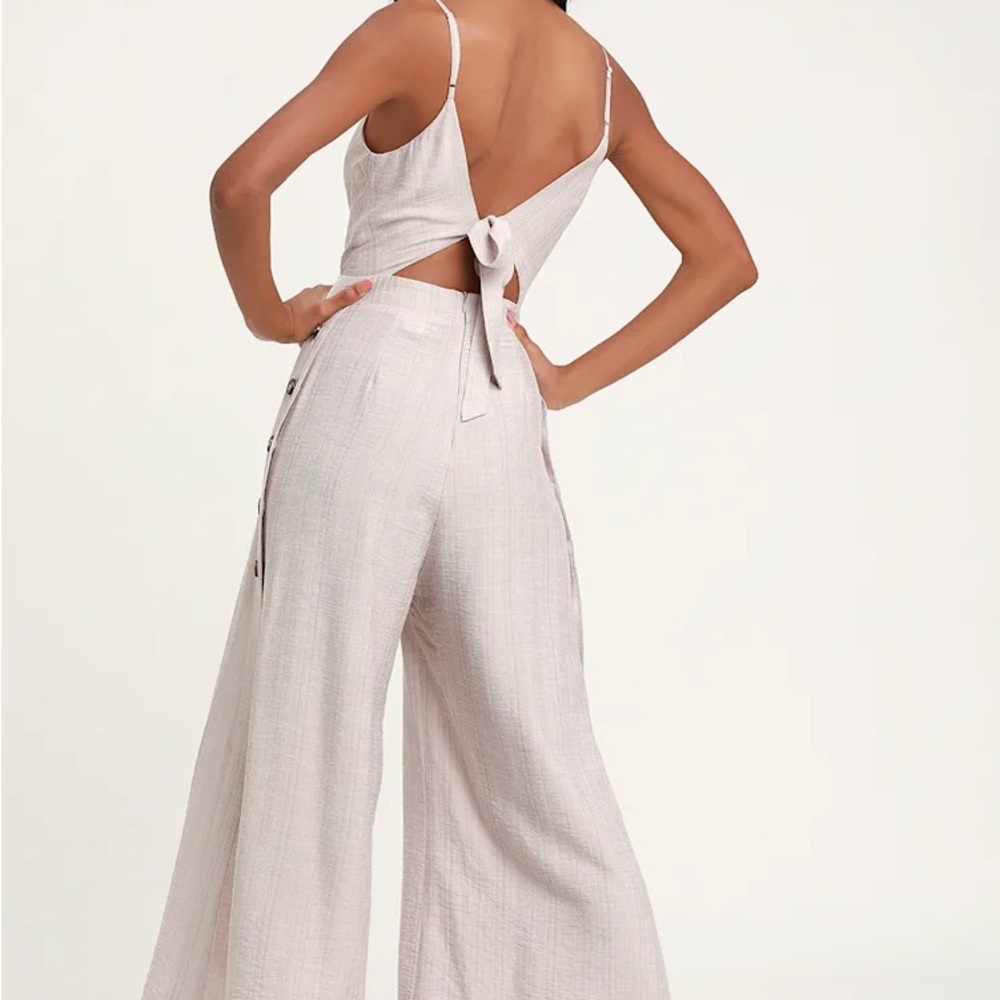White Linen Jumpsuit with Side Button Detail - Picture 2 of 2